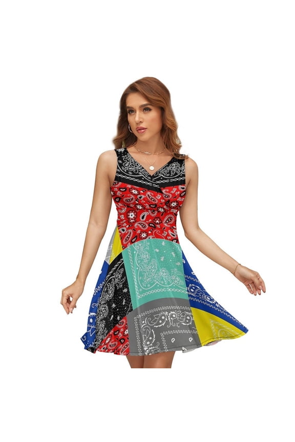 Bandana Paisley Patchwork Pattern Sleeveless Dress Women Summer Evening Dresses Ladies Sundress