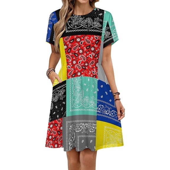 Bandana Paisley Patchwork Pattern Sundress Short Sleeve Dress Summer Women Clothes Dress for Women Dresses