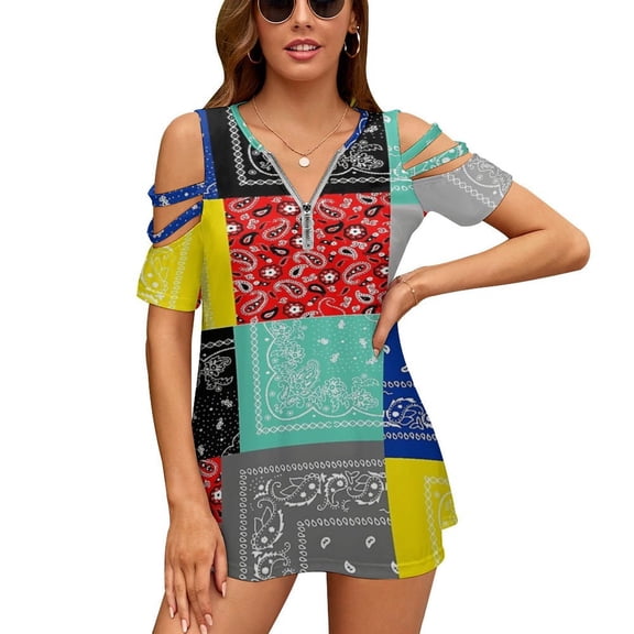 Bandana Paisley Patchwork Pattern Womens Summer V Neck Zipper Top Short Sleeve T Shirt Off Shoulder Top Casual Classy Loose Shirts