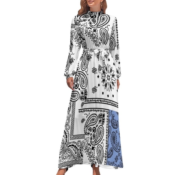 Bandana Paisley Patchwork Seamless Pattern Women's Long Dress Long Sleeves Dress Vintage Dresses Party Maxi Dress High Waist Dress
