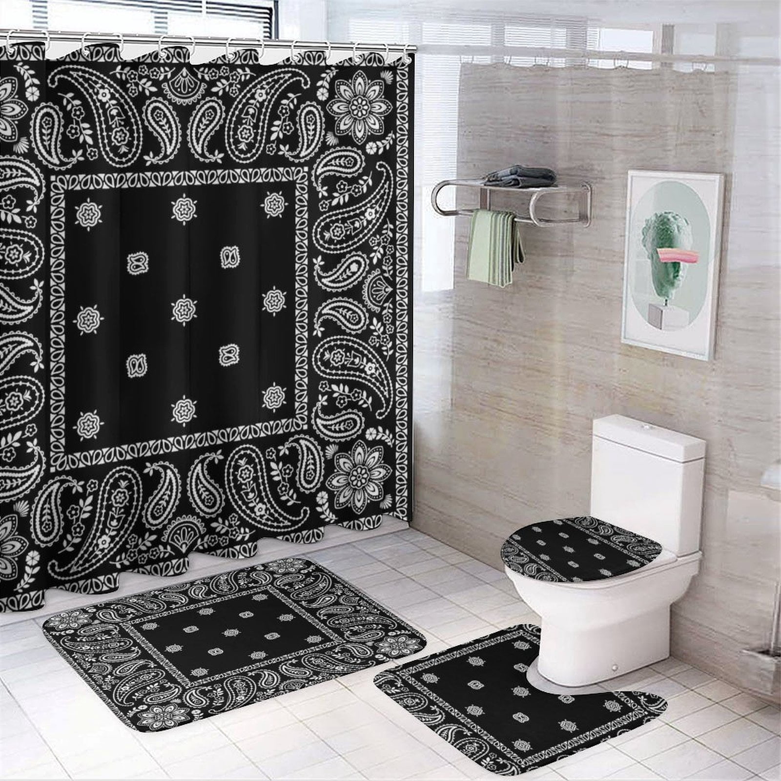 Bandana Pattern Shower Curtain Bathroom Sets Toilet Lid Rug, Bath Mat And Contour Mat, Shower Curtain 4Pcs