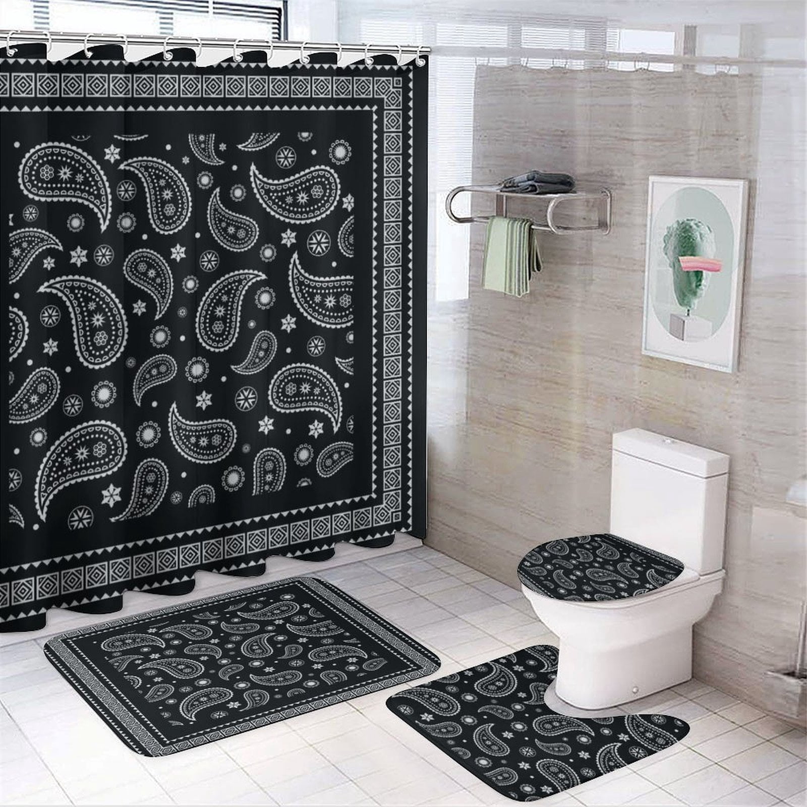 Bandana Pattern Shower Curtain Bathroom Sets Toilet Lid Rug, Bath Mat And Contour Mat, Shower Curtain 4Pcs