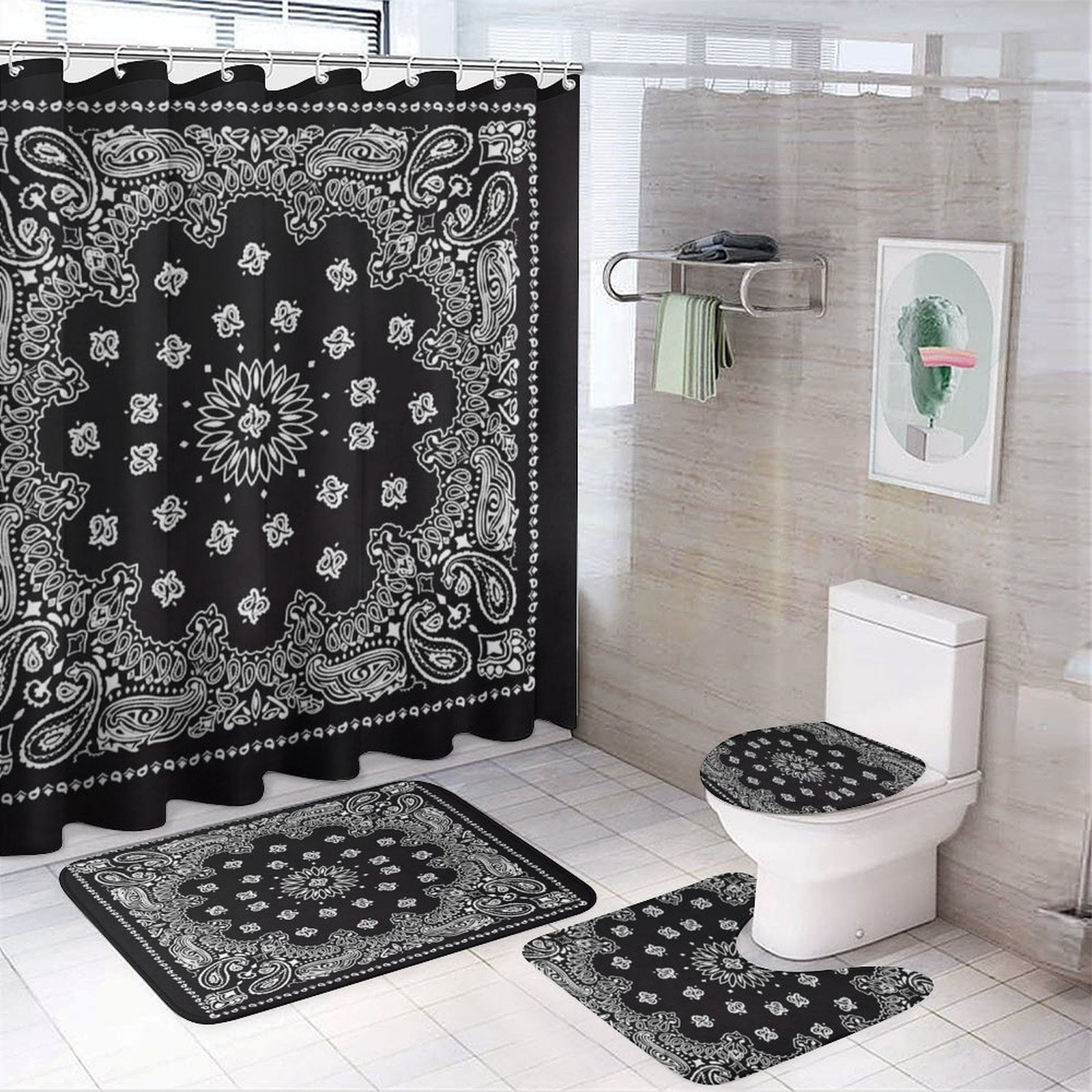 Bandana Pattern Shower Curtain Bathroom Sets Toilet Lid Rug, Bath Mat And Contour Mat, Shower Curtain 4Pcs