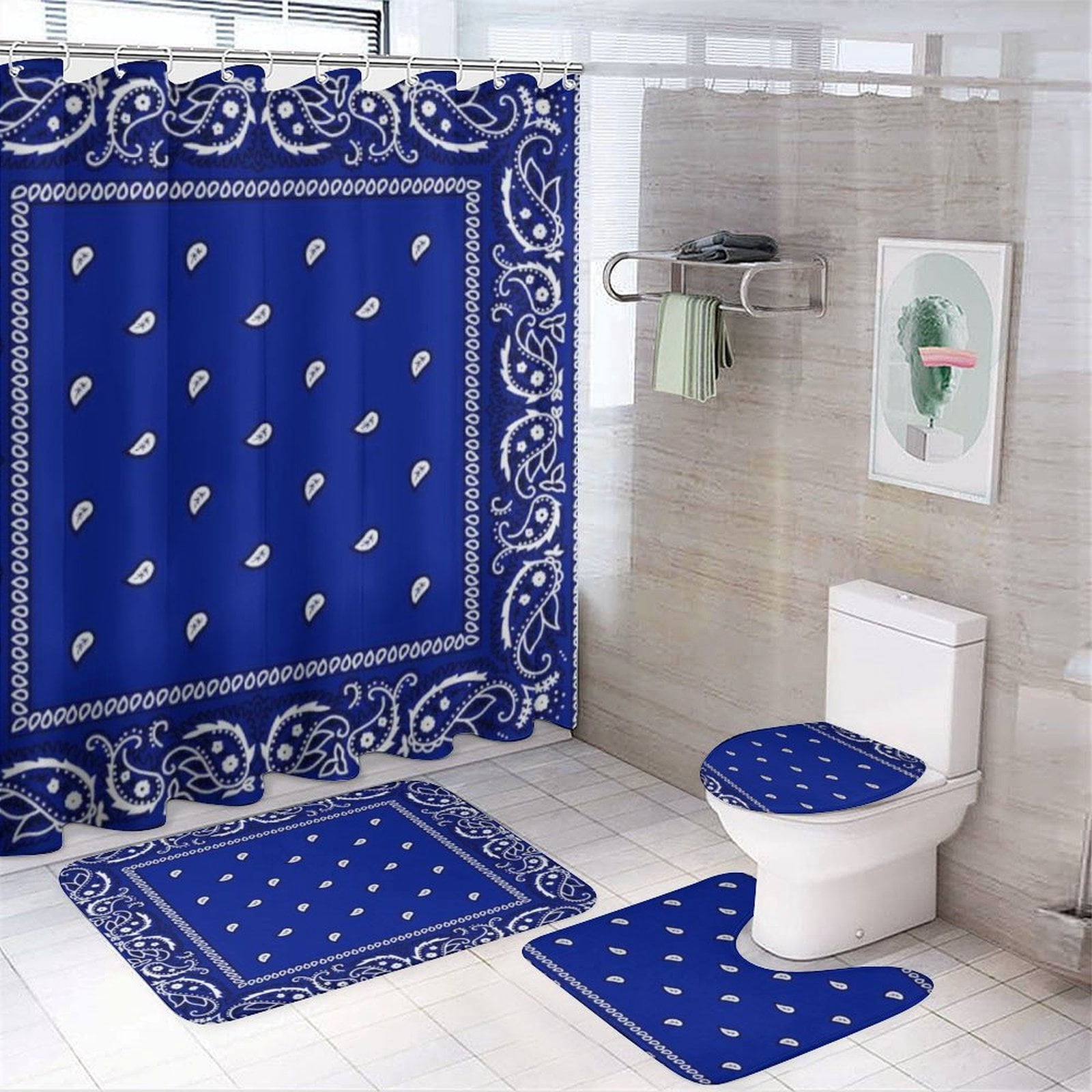 Bandana Pattern Shower Curtain Bathroom Sets Toilet Lid Rug, Bath Mat And Contour Mat, Shower Curtain 4Pcs