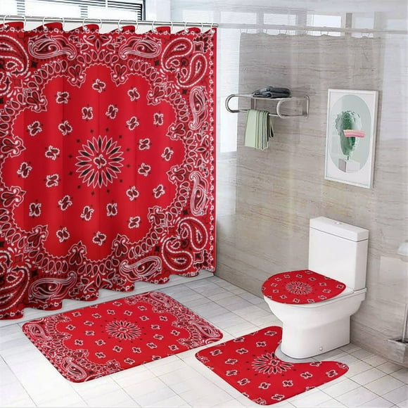 Bandana - Red Art 4 Pcs Bathroom Shower Curtain Set, Bathroom Sets with Rugs (Bath Mat, U Shape And Toilet Lid Cover Mat) And Hooks