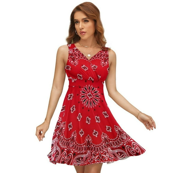 Bandana - Red Art Dress Summer Street Style Dresses Female Sleeveless Printed Sundress