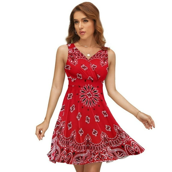 Bandana - Red Art Dress Summer Street Style Dresses Female Sleeveless Printed Sundress