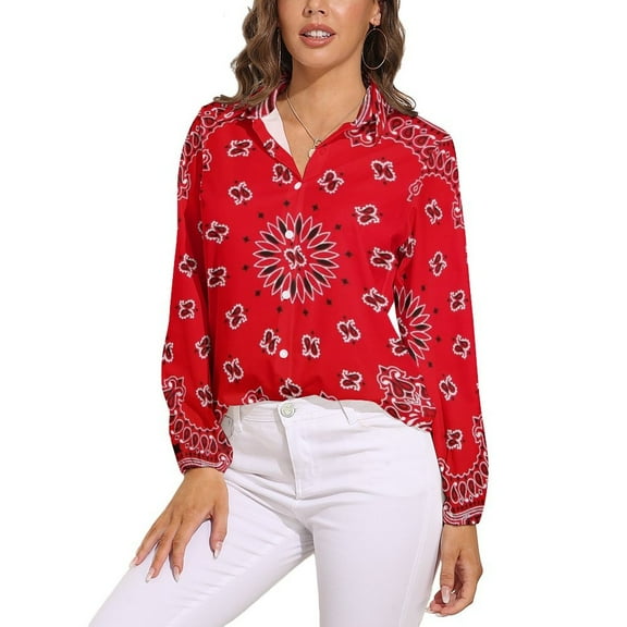 Bandana - Red Art Long Sleeve Blouse Woman Streetwear Casual Shirts Summer Oversize Woman Streetwear Clothing Birthday Present