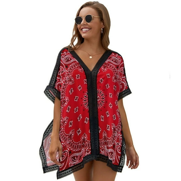 Bandana - Red Art Printed Women's Swimsuit Cover Up Summer Swimsuit Dress