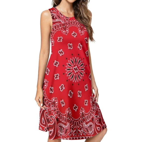 Bandana - Red Art Spring Summer Dresses for Women Fashion T-shirt Dress Casual Sleeveless Loose Sundress with Pockets