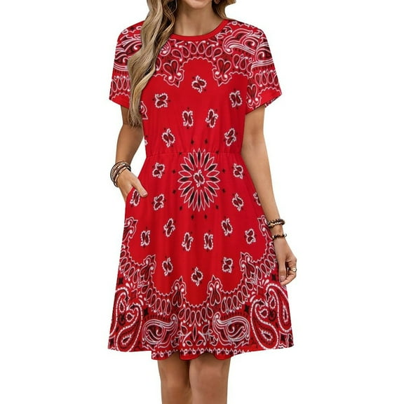 Bandana - Red Art Sundress Short Sleeve Dress Summer Women Clothes Dress for Women Dresses