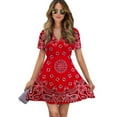 thumbnail image 1 of Bandana - Red Art Women Dress V-Neck Short Sleeve Flowy Swing Party Midi Dress, 1 of 4