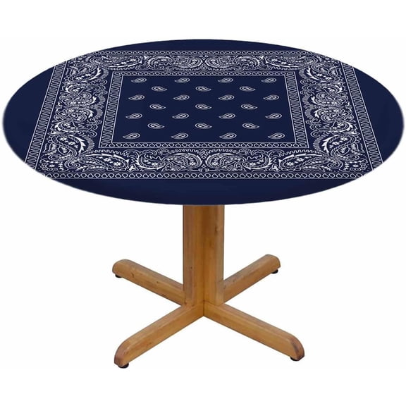 Bandana Round Table Cloth Southwestern Navy Blue Boho Mandala Floral White Ornaments Elastic Edged Table Cover Fade and Stain Resistant Table Cloths Fits Tables 40-44" Diameter