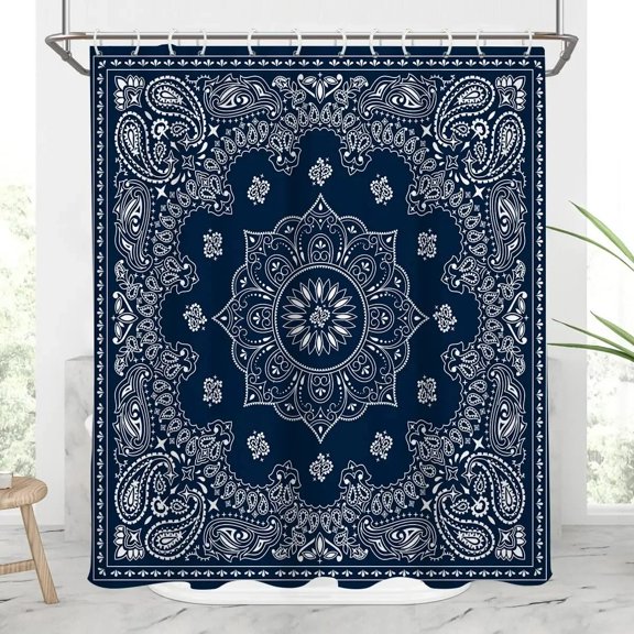 Bandana Southwestern Shower Curtain Paisley Navy Blue Boho Mandala Floral Bathroom Decor Polyester Fabric Waterproof with