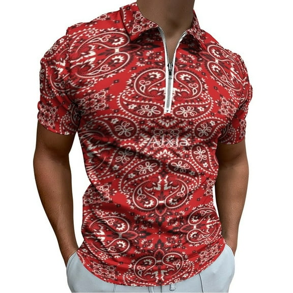 Bandana Style Print Men Zipper T-shirt Summer Casual Short Sleeve T-shirt Top