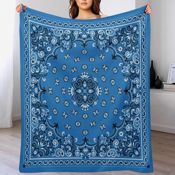 Bandana Throw Blanket Paisley Bandana Navy Blue Boho Mandala Bohemia Floral Southwestern Blankets for Sofa Bed Couch Chair Or Dorm 30"x40"