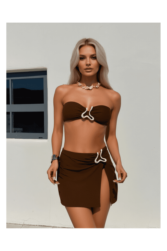 Bandeau Bikini Set for Women - Chocolate Brown 2 Piece Swimsuit with Wrap Skirt - Gold Accent, Adjustable Straps, Removable Padding - Beach Pool Vacation