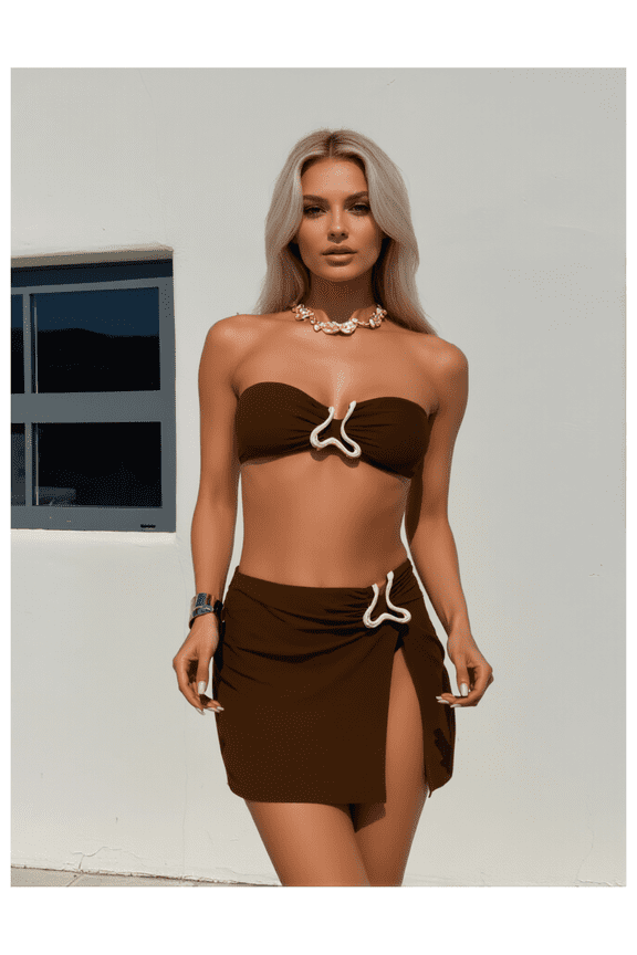 Bandeau Swimsuit 2 Piece - Chocolate Brown Bikini Set with Gold Wrap Skirt - Removable Straps, High Waist - Women's Bathing Suit