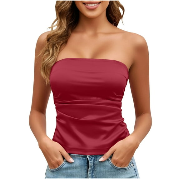 Bandeau Tank Top Strapless Tube Tops Ruched Front Easter Casual Slim Fit Sleeveless Shirt, Women's Red
