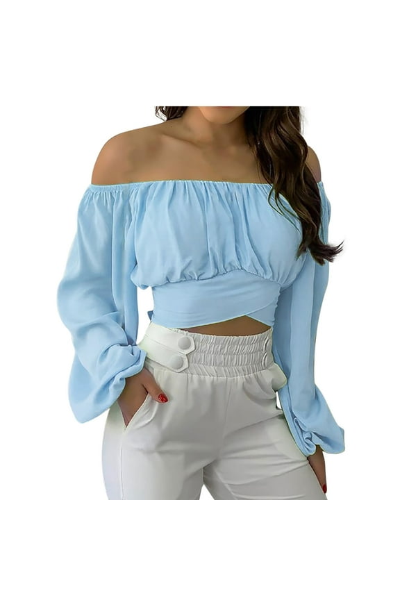 Bandeau Tops for Women Lantern Sleeve Strapless Tube Tops Cold Shoulder Pleated Summer Shirt Elastic Bandeau Blouse Tanks Camis Crop Tops