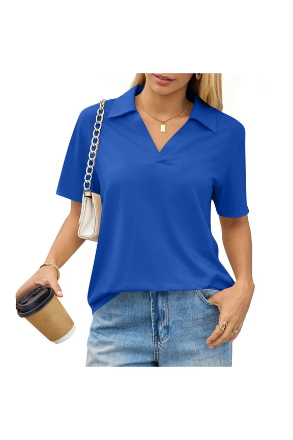 Banded Bottom Polo Shirts For Women Short Sleeve V Neck Collared Business Casual Dressy Tops,Blue S
