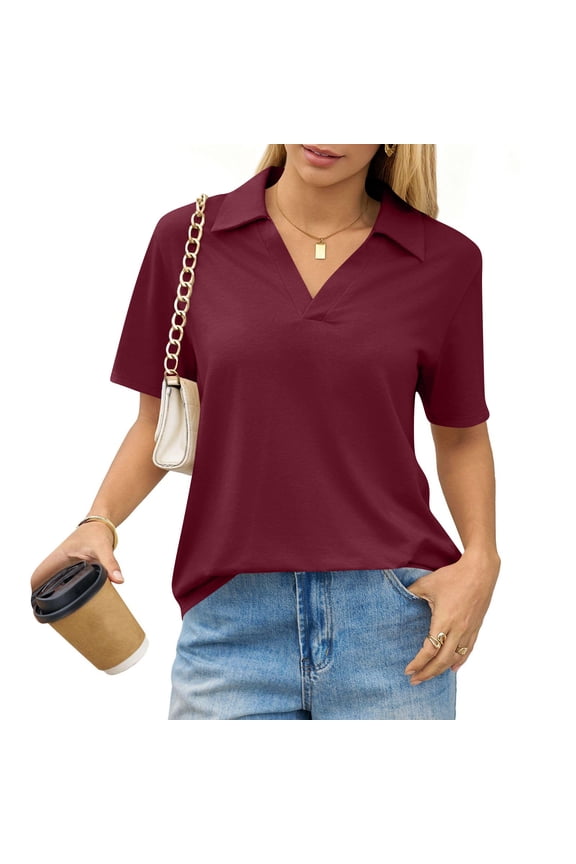 Banded Bottom Polo Shirts For Women Short Sleeve V Neck Collared Business Casual Dressy Tops,Wine L