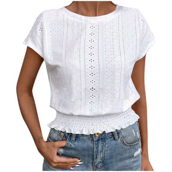 Banded Bottom Tops for Women Eyelet Short Sleeve Smocked Elastic Waist Blouse Casual Crewneck Date Night Outfit