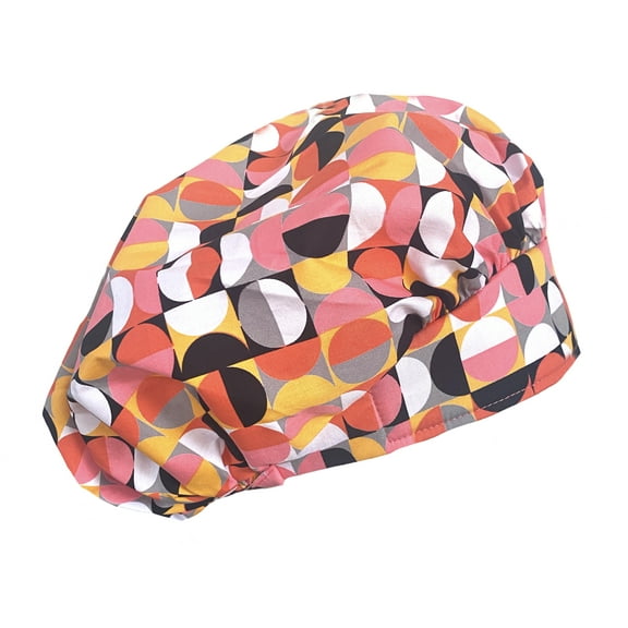 Banded Bouffant Retro Geometric Pink Coral Circles Scrub Cap