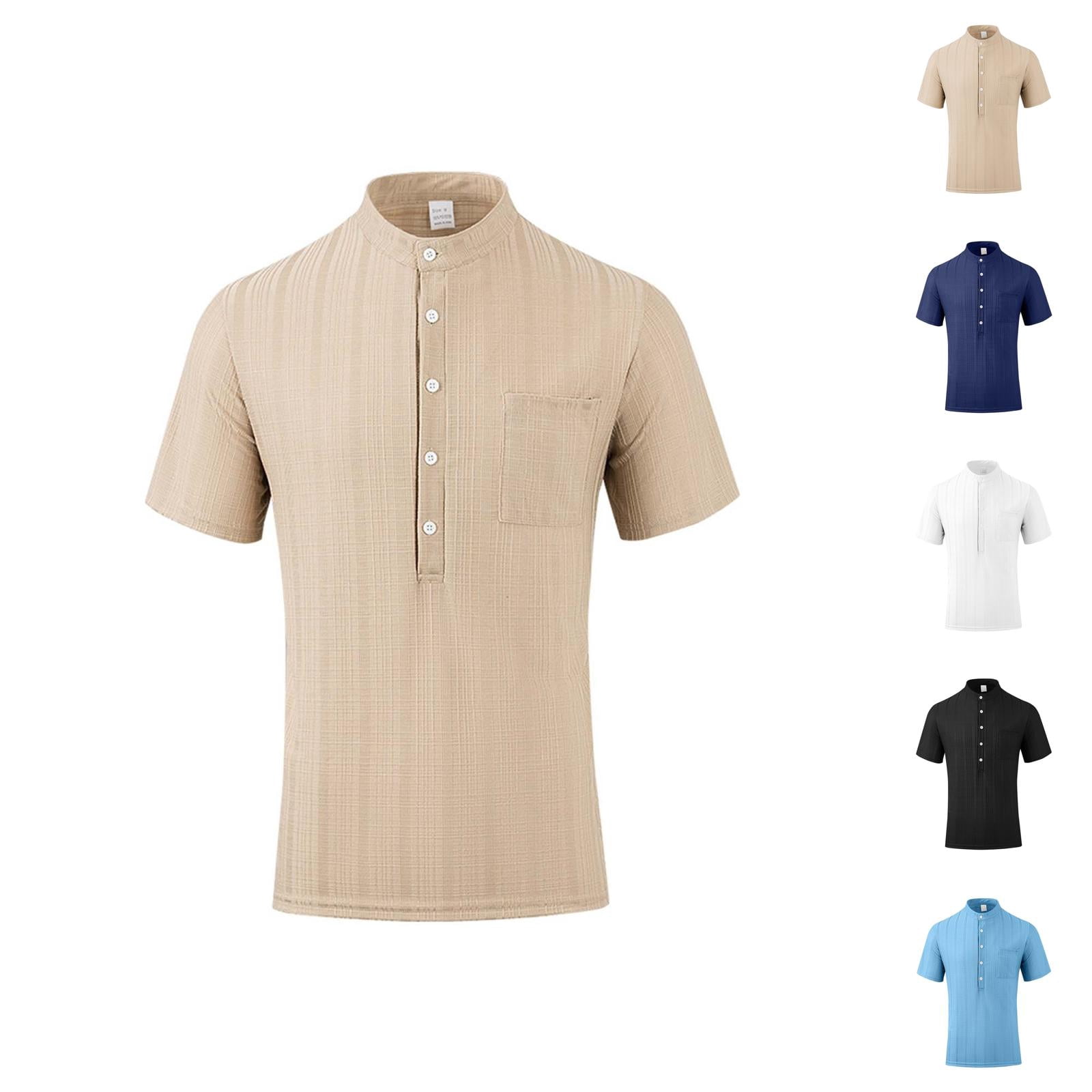 Banded Collar Shirts for Men Summer Short Sleeve Plain Linen Shirt ...