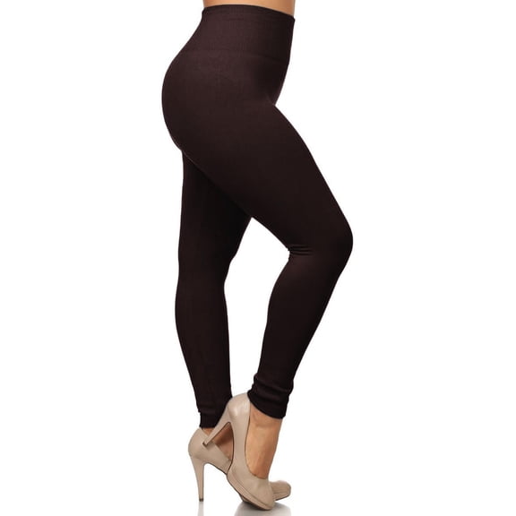 Banded High Waisted Fleece Lined Leggings - Plus Size - 1XL 2XL 3XL Brown One Size Plus