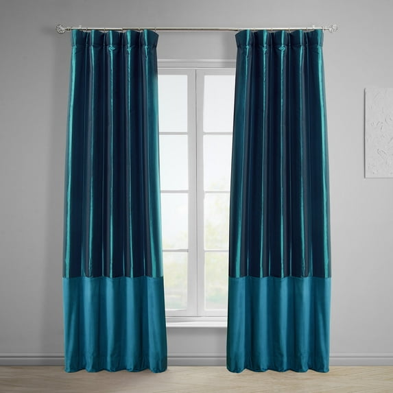 Banded Mediterranean Faux Silk Taffeta & Avalon Blue Plush Velvet Curtain (1 Panel), Mediterranean & Avalon Blue, 50W X 96L