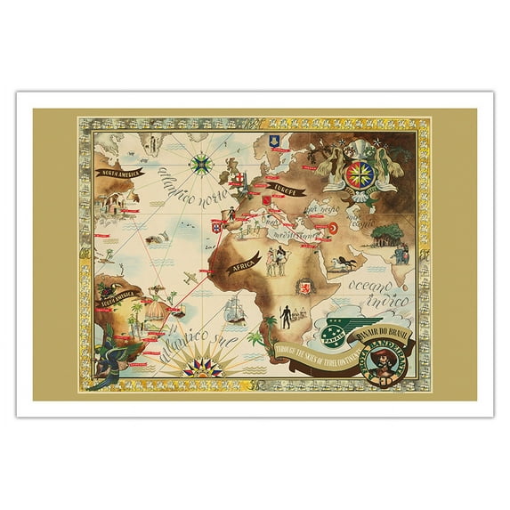Bandeirante Fleet Air Route World Map - Panair Do Brasil - Vintage Travel Poster by Eymonnet c.1947 - Fine Art Matte Paper Print (Unframed) 30x44in