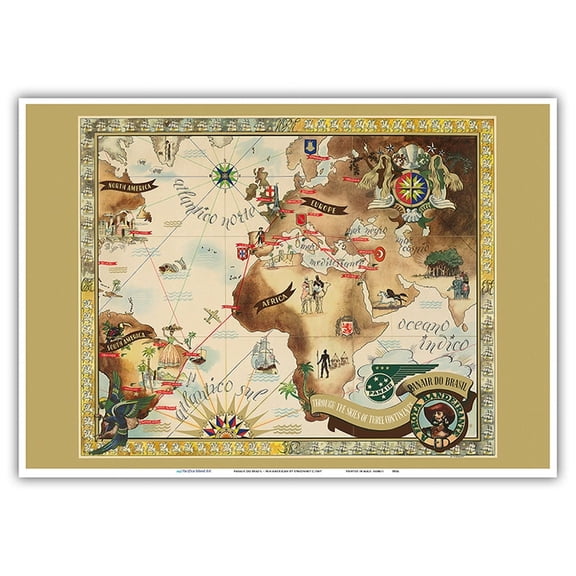 Bandeirante Fleet Air Route World Map - Panair Do Brasil - Vintage Travel Poster by Eymonnet c.1947 - Master Art Print 10in x 14in
