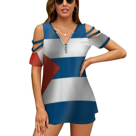 Bandera Cubana Womens Summer V Neck Zipper Top Short Sleeve T Shirt Off Shoulder Top Casual Classy Loose Shirts