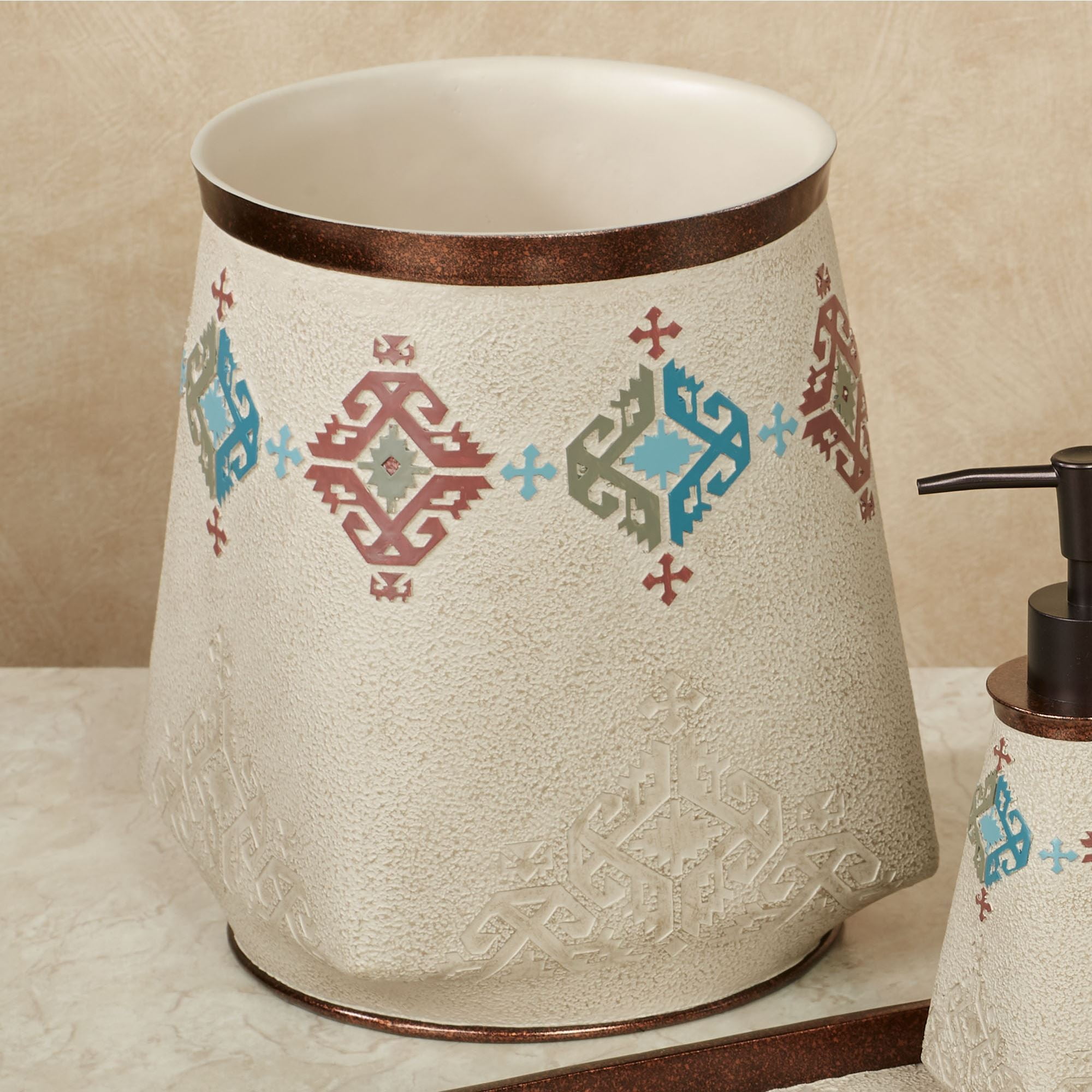 Bandera Wastebasket Cover Multi Warm, Southwestern style, Hand-Painted, Multi Warm 7 Inches Square, 9.5 Inches High