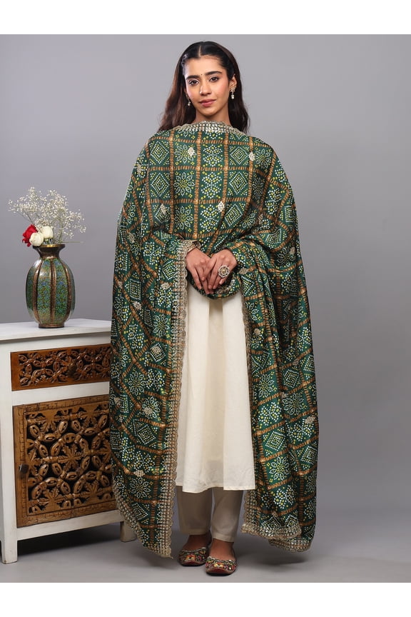 Bandhani Tie-Dye Gharchola Dupatta with Sequins-Zari Embroidery and Scalloped Border – Evergreen