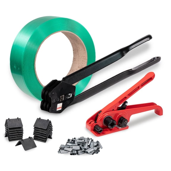 Banding Packaging Pallet Strapping Kit - Strapping Tensioner Tool, 100Pcs Strap Protector, 2000Pcs Strapping Clips, Banding Sealer Tool, 5800' Length Packaging Strapping Banding Roll