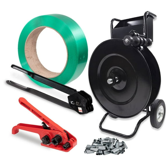 Banding Packaging Polypropylene Strapping Kit - Strapping Tensioner Tool, Strapping Cart, 100Pcs Strapping Clips, Banding Sealer Tool, 5800' Length Packaging Strapping Banding Roll
