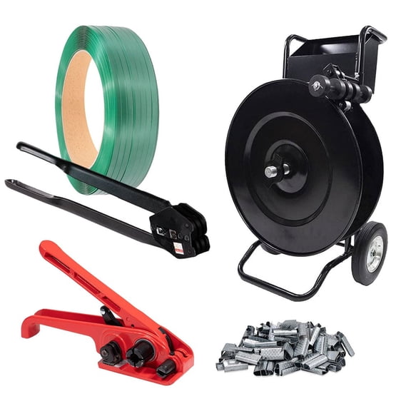 Banding Packaging Polypropylene Strapping Kit - Strapping Tensioner Tool, Strapping Cart, 2000Pcs Strapping Clips, Banding Sealer Tool, 3000' Length Packaging Strapping Banding Roll