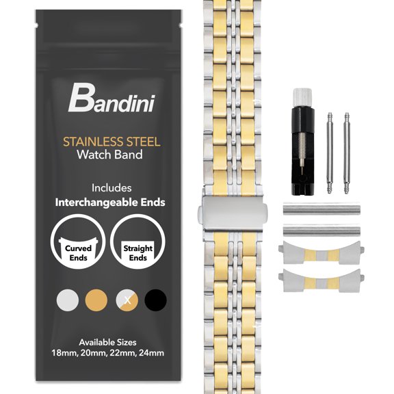 Bandini 18mm Stainless Steel Fitted Curved End Metal Watch Band for Men and Women, Tapered Watch Strap Bracelet, Push Button Deployment Clasp, Jubilee Style - Two-Tone 18 mm Watch Band