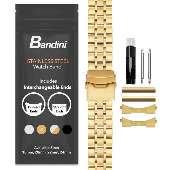 Bandini 18mm Stainless Steel Metal Watch Band for Men and Women, Brick Link Watch Strap Bracelet, Straight End, Double Foldover Lock Deployment Clasp - Gold 18 mm Watch Band
