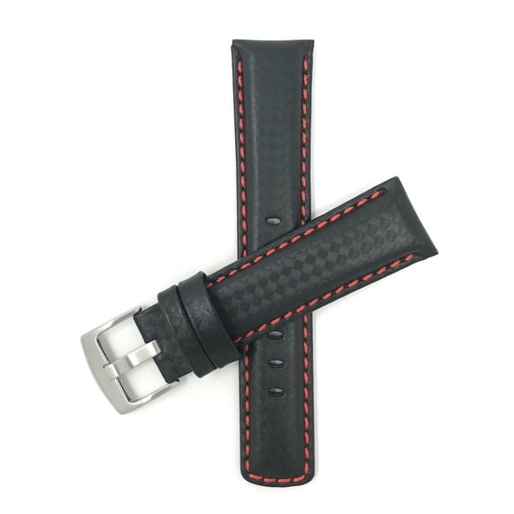 Bandini 20mm Mens Italian Leather Watch Band Strap - Carbon Fiber - Black with Red Stitch