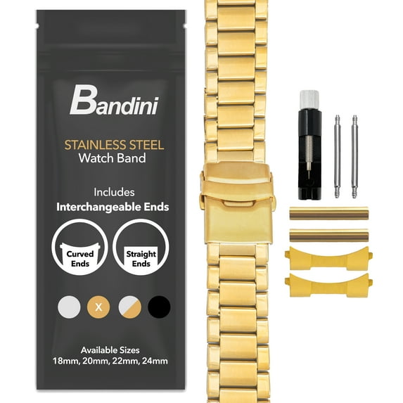 Bandini 20mm Stainless Steel Fitted Curved End Metal Watch Band for Men, 3 Link Watch Strap Oyster Bracelet, Double Foldover Lock Deployment Clasp - Gold 20 mm Watch Band