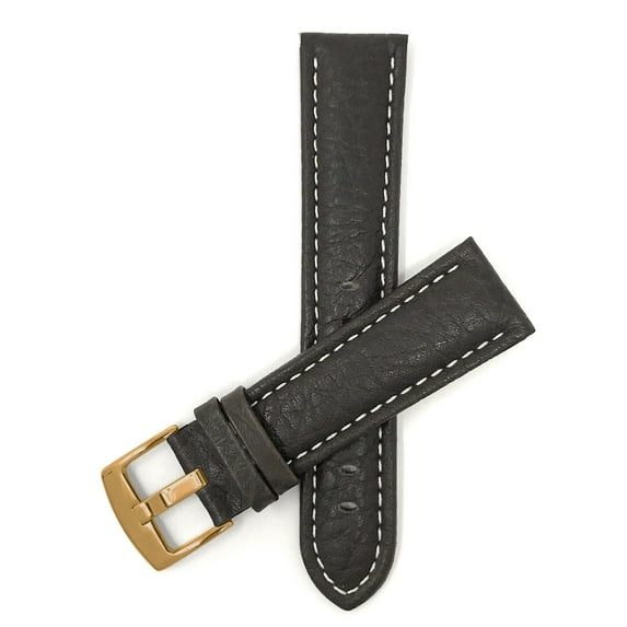 Bandini 22mm Mens Leather Watch Band Strap - Brown - Buffalo Pattern - White Stitch - Gold Buckle