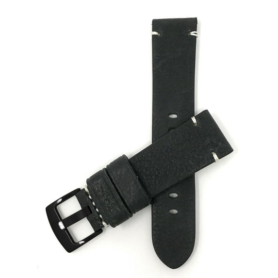Bandini 22mm Mens Vintage Genuine Leather Watch Band Strap - Black - Minimal Stitch - Black Buckle