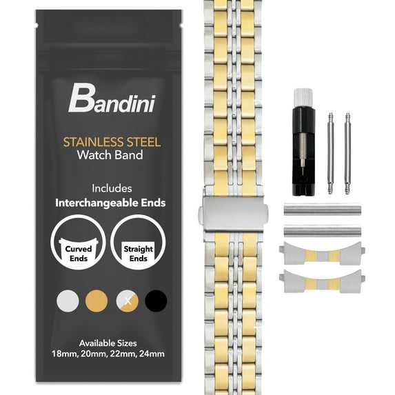 Bandini 22mm Stainless Steel Fitted Curved End Metal Watch Band for Men, Tapered Watch Strap Bracelet, Push Button Deployment Clasp, Jubilee Style - Two-Tone 22 mm Watch Band
