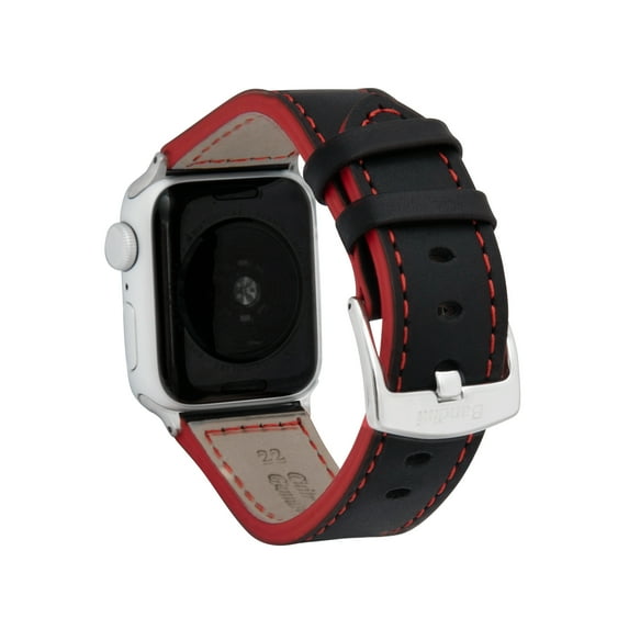 Bandini Band for Apple Watch Band 45mm 44mm 42mm 41mm 40mm 38mm 49mm & Ultra for Men, Padded Leather iWatch Band for Apple Watch Series 9 8 7 6 5 4 3 2 1 SE - Black and Red / Silver