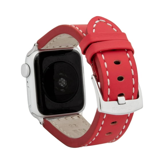 Bandini Band for Apple Watch Band 45mm 44mm 42mm 41mm 40mm 38mm 49mm & Ultra for Men, Padded Leather iWatch Band for Apple Watch Series 9 8 7 6 5 4 3 2 1 SE - Red / Stitch / Silver