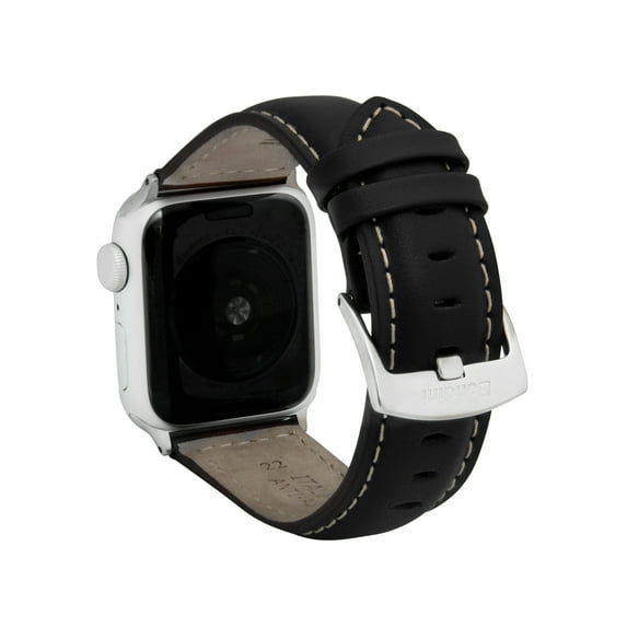 Bandini Band for Apple Watch Leather Band 44mm 45mm 42mm 41mm 40mm 38mm 49mm & Ultra for Men, Classic iWatch Band for Apple Watch Series 9 8 7 6 5 4 3 2 SE - Black / Stitch / Silver