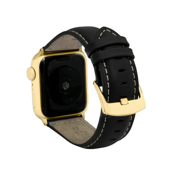 Bandini Band for Apple Watch Band Leather 44mm 45mm 42mm 41mm 40mm 38mm 49mm & Ultra for Men, Classic iWatch Band for Apple Watch Series 9 8 7 6 5 4 3 2 SE, Extra Long XL, Black / Stitch / Gold